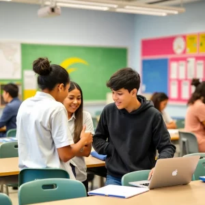 Students collaborating in a vibrant classroom setting.