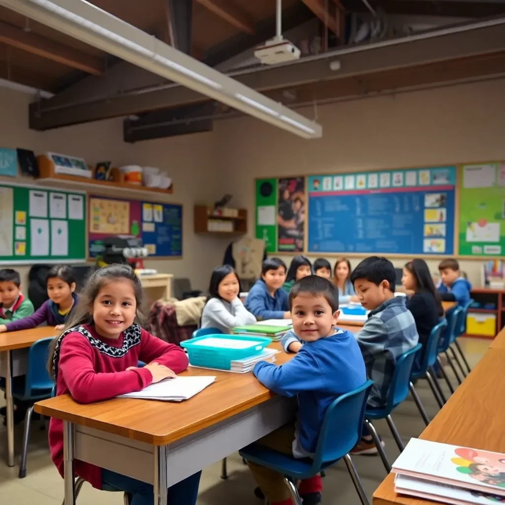 Classroom setting with diverse students and educational materials.