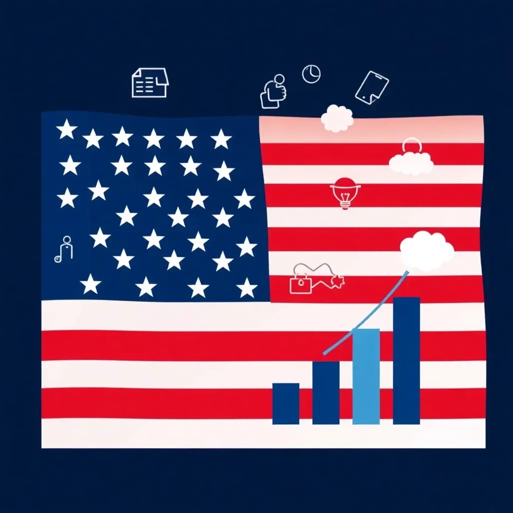 American flag with career development symbols in the background.