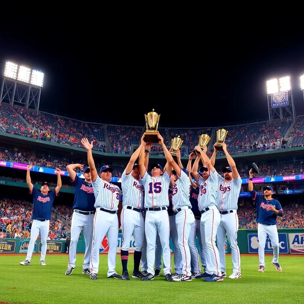 Baseball stadium celebration with trophies and team banners.