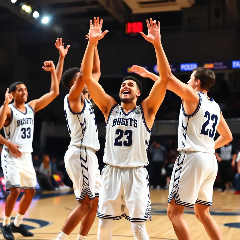 Basketball players celebrating a triumphant game moment.