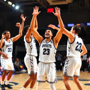 Basketball players celebrating a triumphant game moment.