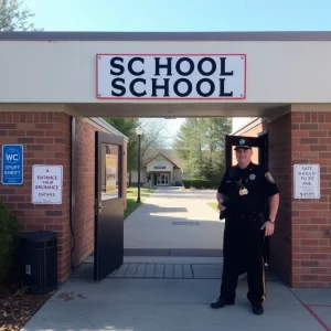 School entrance with safety signage and resource officer presence.