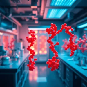 Futuristic lab setting with advanced AI-generated protein models.