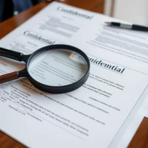 Confidential documents on a table with a magnifying glass.