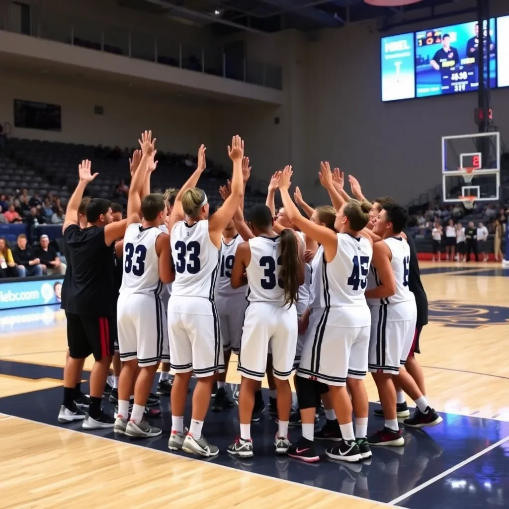 Basketball court celebration with team spirit and teamwork.