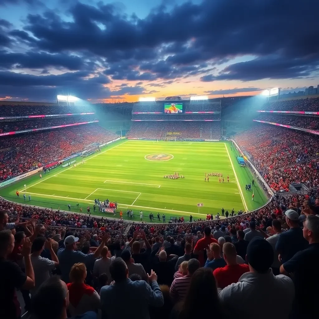 A vibrant football field with cheering fans and scoreboard.