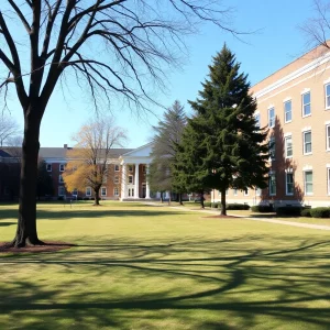 A peaceful campus setting with a school building backdrop.