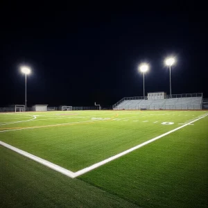 High school football field under bright stadium lights.