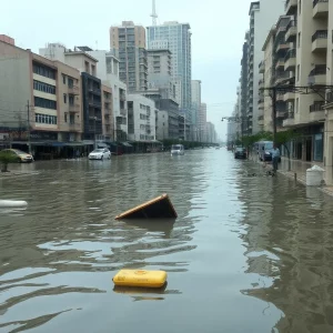 Submerged cityscape with waterlogged streets and floating debris.