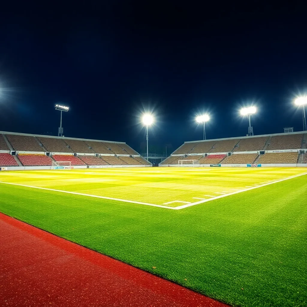 Football field lights illuminating a vibrant stadium.