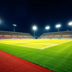 Football field lights illuminating a vibrant stadium.