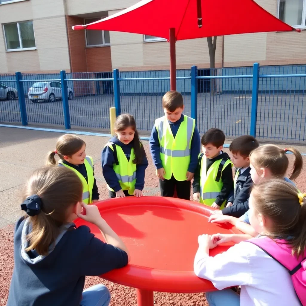 School playground with students learning safety fundamentals together.