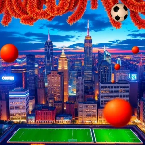 Vibrant city skyline adorned with football-themed decorations.