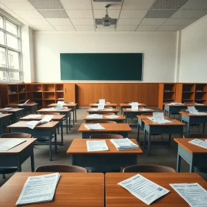 Empty college classroom with financial reports scattered on desks.