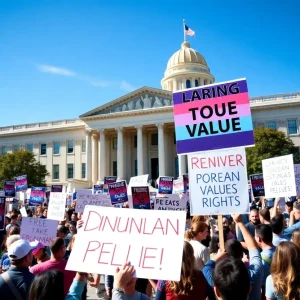 A crowd gathered in Nashville holding signs at an anti-trans rally.