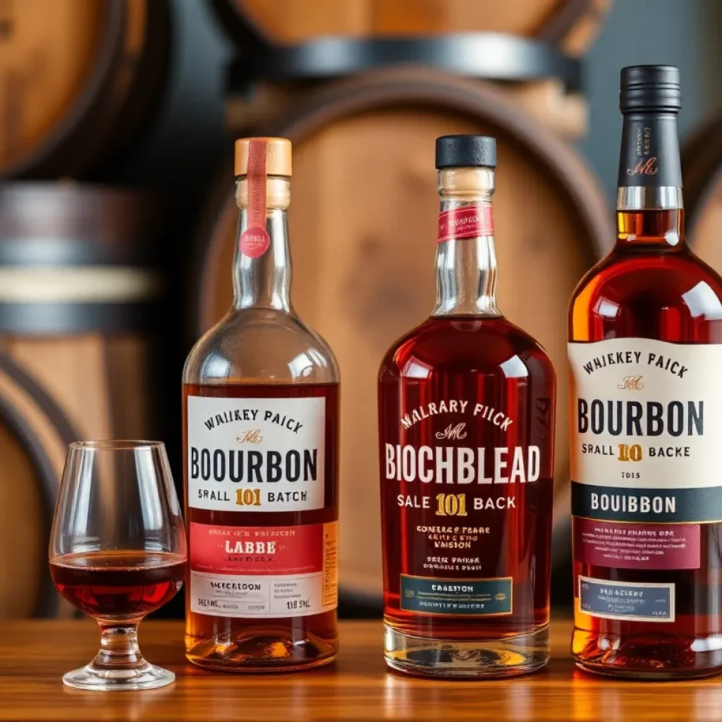 Three different bottles of small batch bourbons on a wooden bar top.