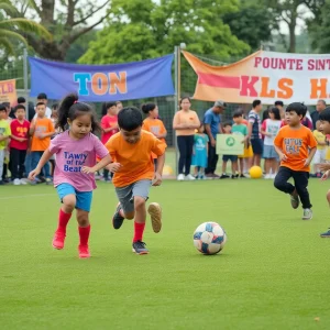 Children participating in a football camp organized by Titans players.