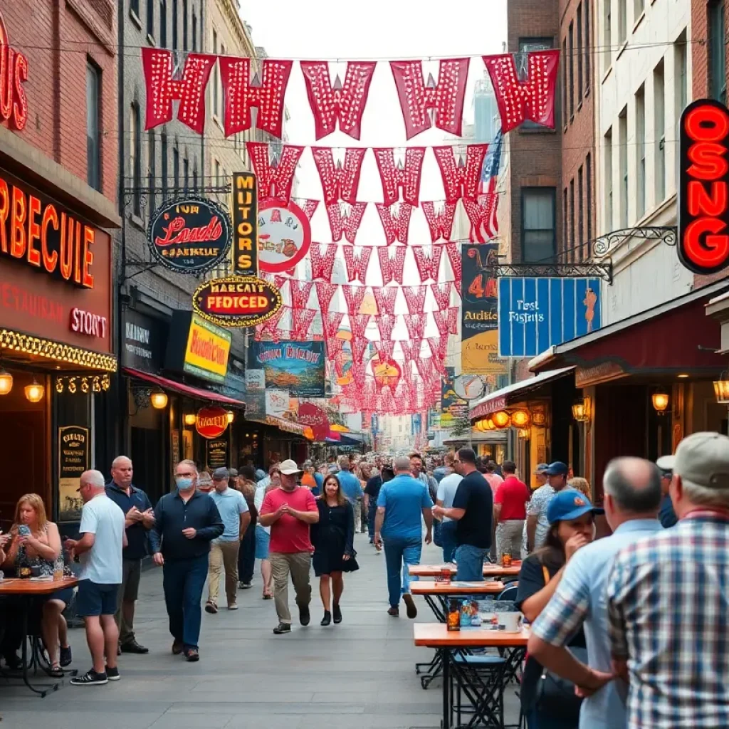 A bustling barbecue scene in Nashville with people enjoying delicious smoked meats.