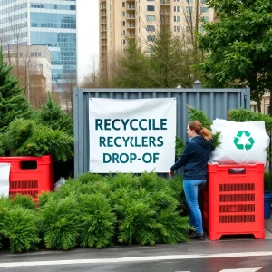 Volunteers collecting recycled Christmas trees in Nashville.