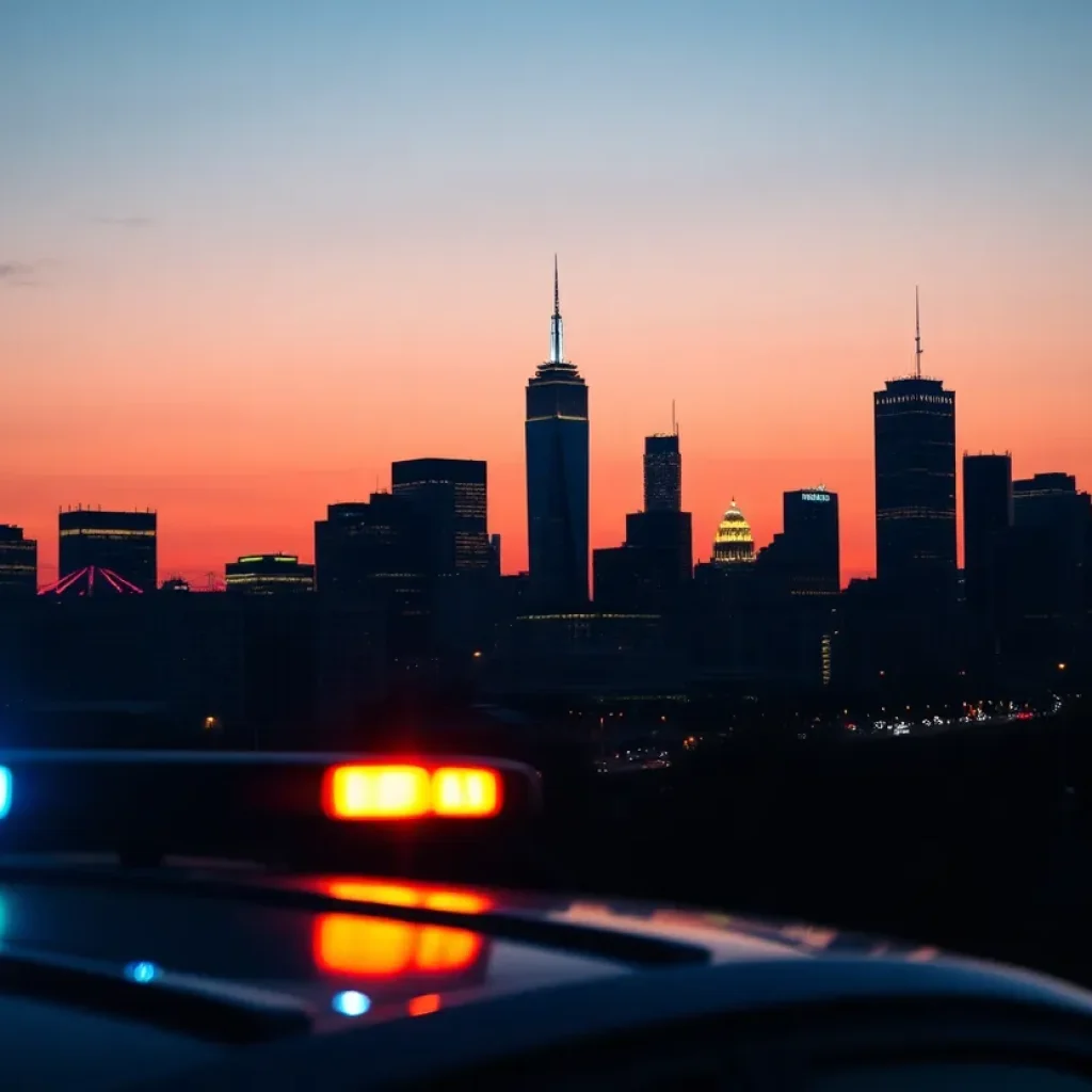 City skyline of Nashville with police lights in the foreground