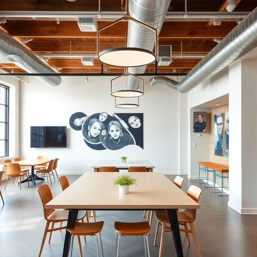 Stylish coworking space in Nashville filled with professionals collaborating.