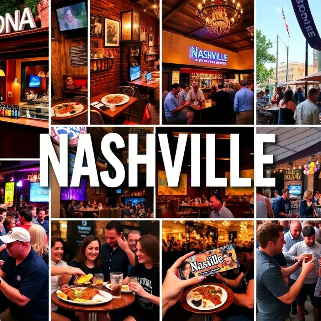 Collage of Nashville highlights including bars, restaurants, and community events.