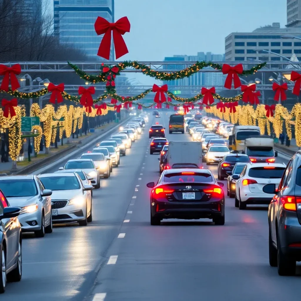 A busy Nashville highway decorated for Christmas with vehicles.