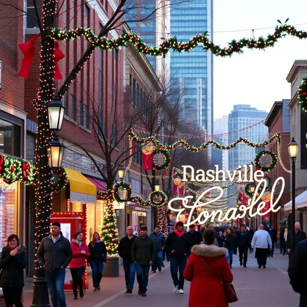 Festival decorations and people celebrating in Nashville during the holidays.