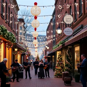 Festive Nashville street with musicians and holiday decorations