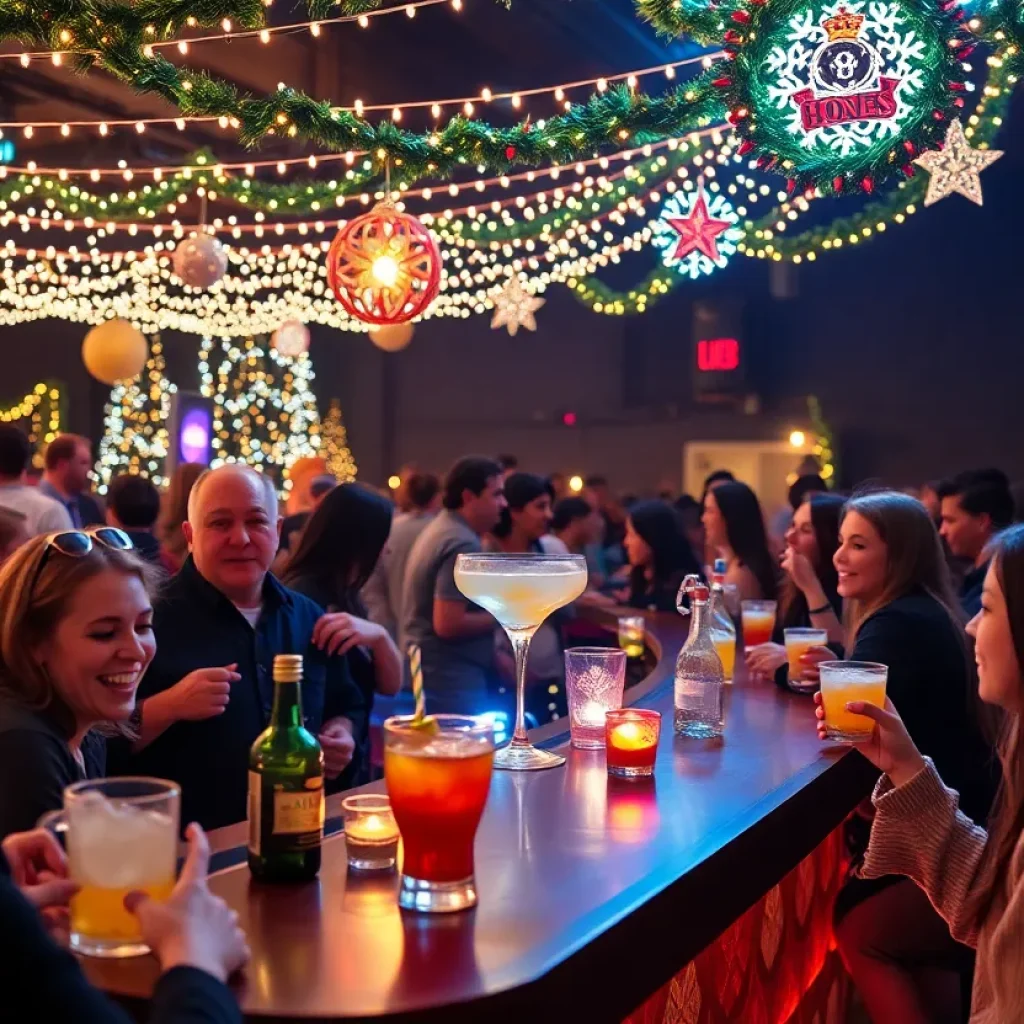 People enjoying festive cocktails at a holiday-themed pop-up bar in Nashville.