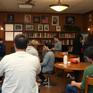 Students getting haircuts in a library environment