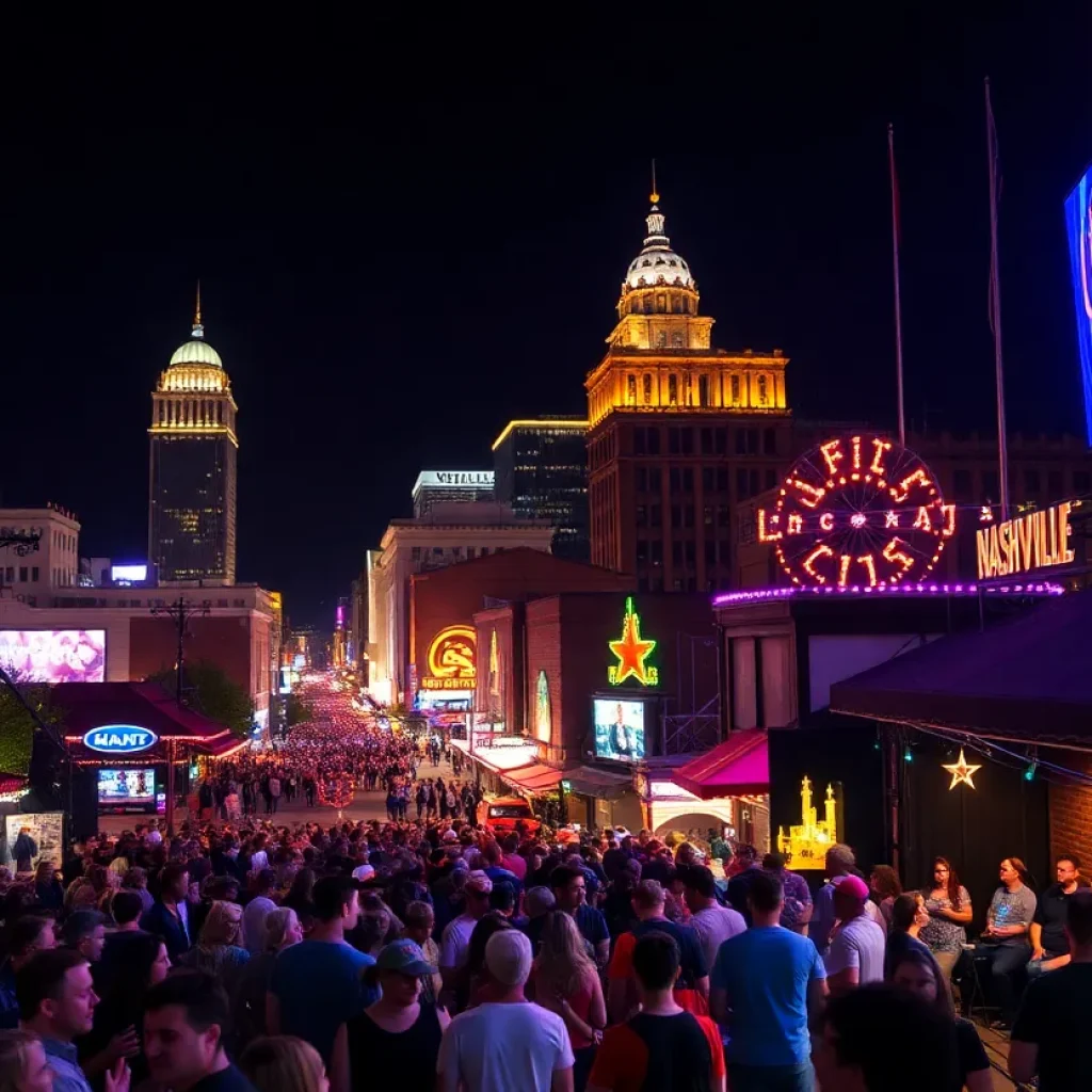 Nashville city skyline with lively music atmosphere at night