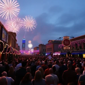 Crowd celebrating New Year's Eve in Nashville with fireworks