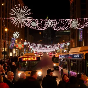 Public transit in Nashville during New Year's Eve celebrations with festive atmosphere