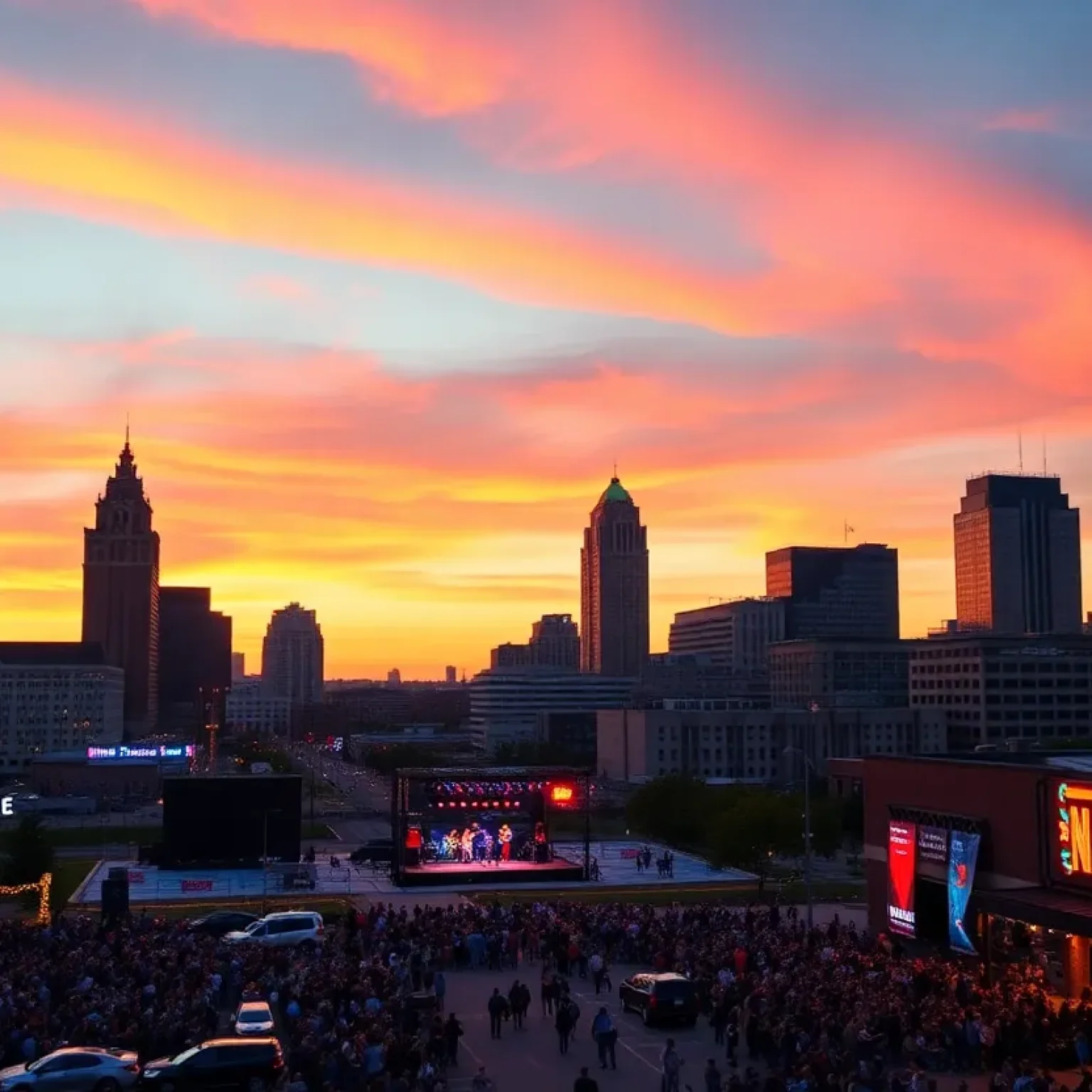 Nashville skyline at dusk showcasing vibrant music scene