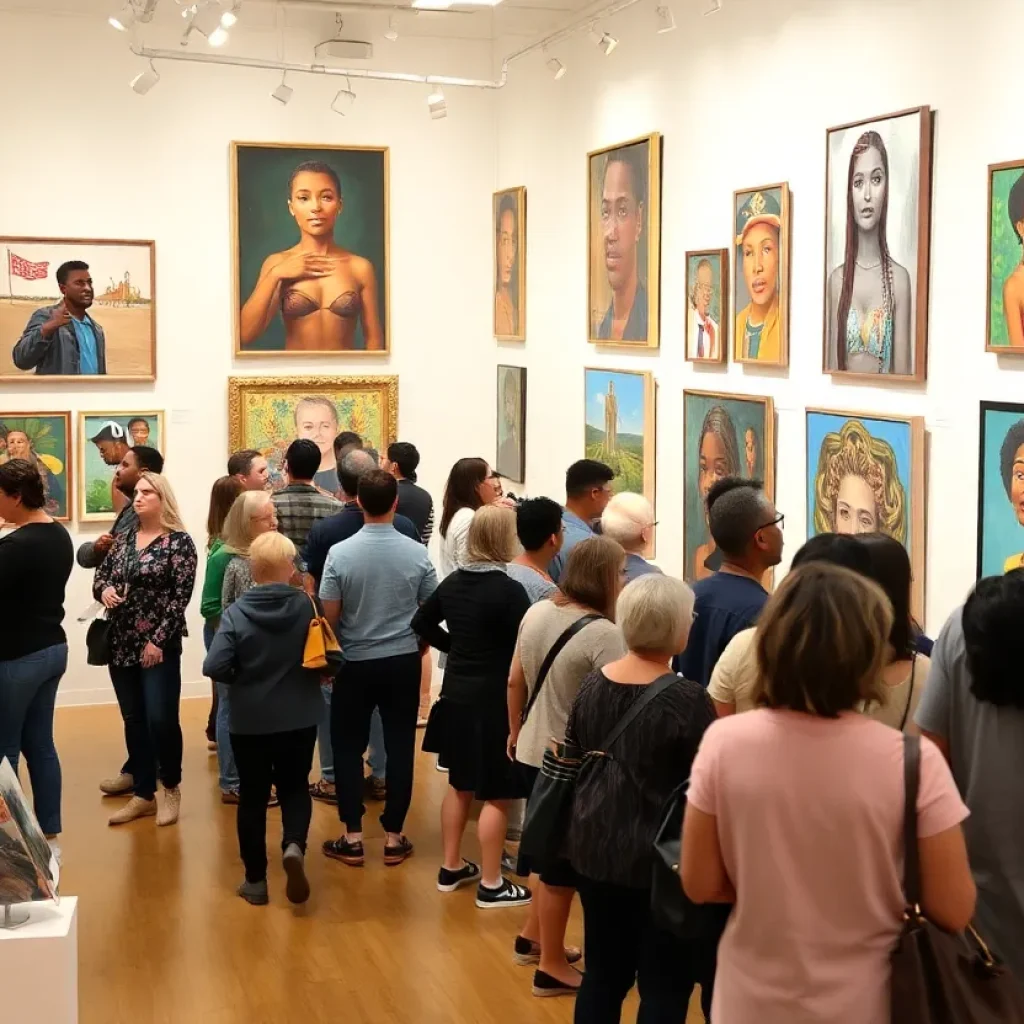 Visitors exploring the Snapshots art exhibition at The Haley Gallery