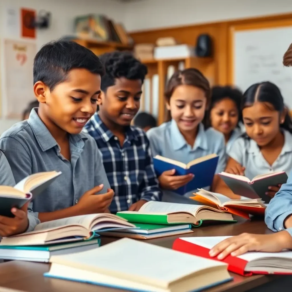 A diverse group of students engaged in collaborative learning in a classroom