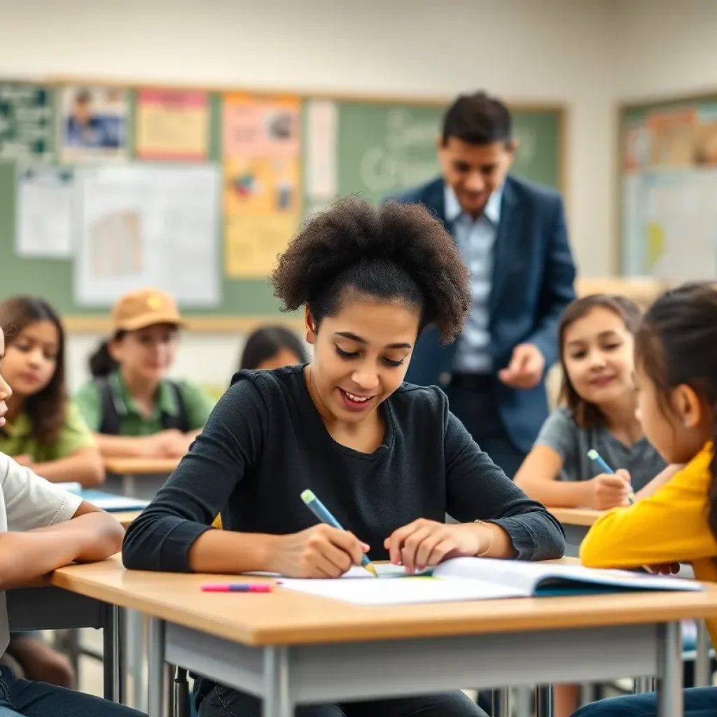 Students engaged in learning with their teacher in a classroom.