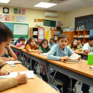 Students in a classroom setting actively participating in learning activities.