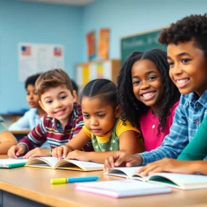 Diverse students in a classroom engaged in learning activities.