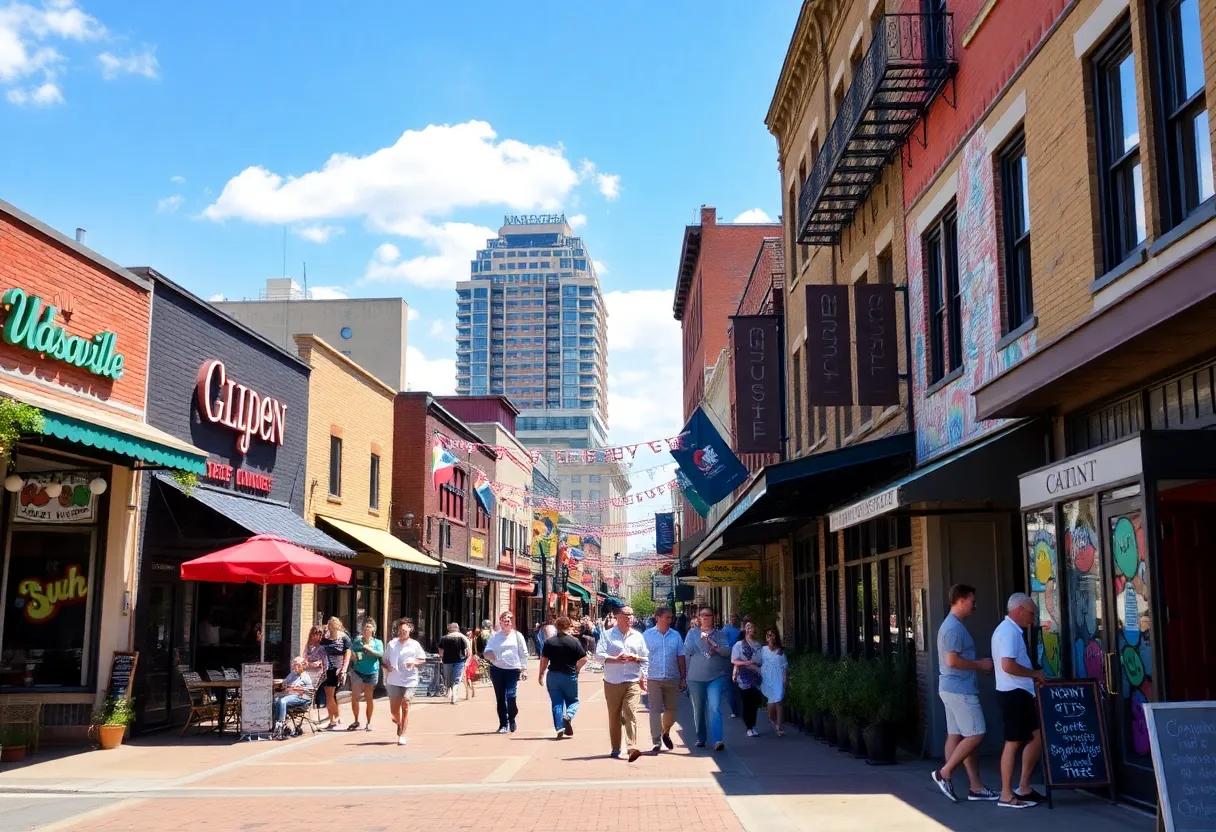 View of 12 South neighborhood in Nashville with shops and eateries