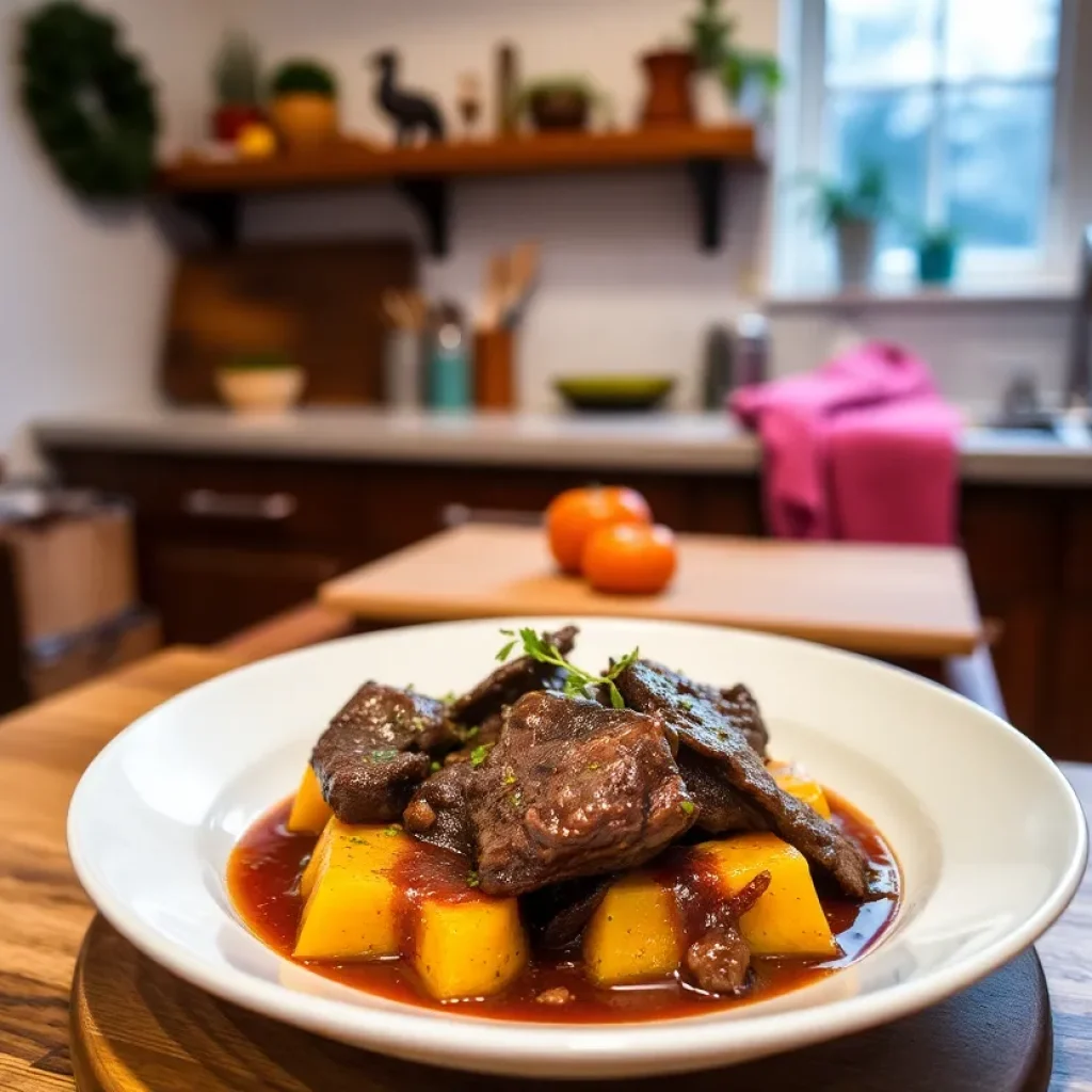 Deliciously plated braised beef cheeks with winter squash in a homey kitchen setting