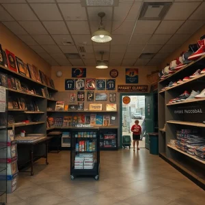 Shelves of a sports memorabilia store after a theft