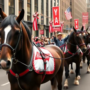 Budweiser Clydesdales marching in a Nashville parade