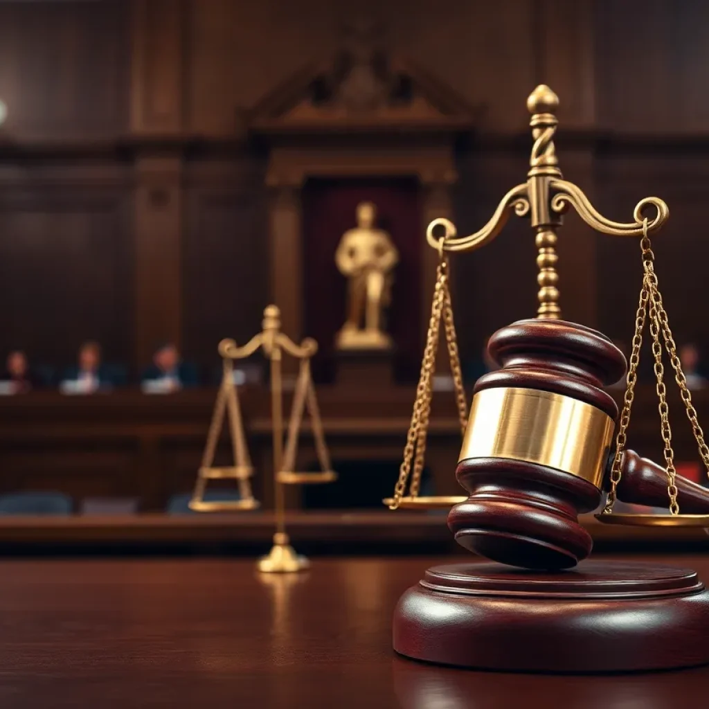 A courtroom scene depicting a gavel and scales of justice.