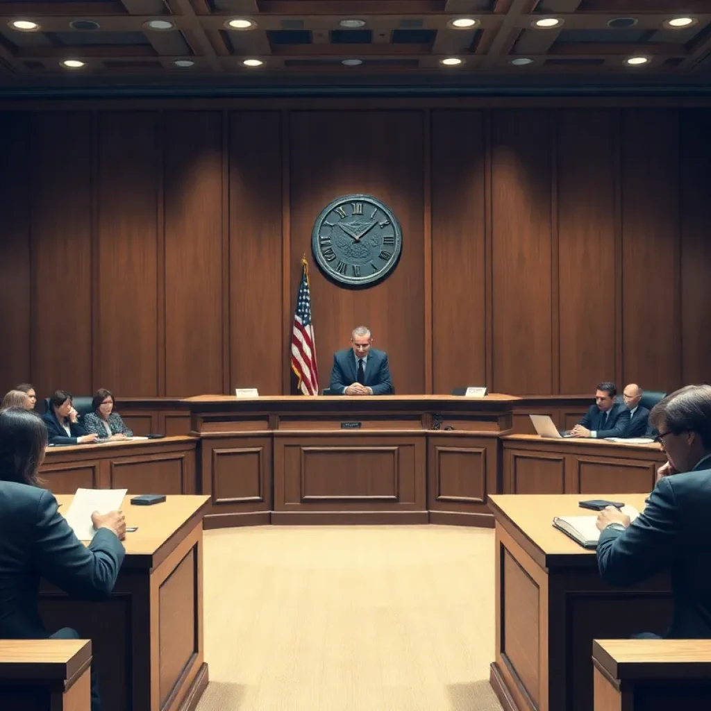 Courtroom scene with judge and legal professionals