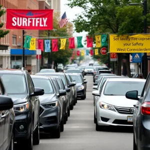 A vibrant East Nashville street with parked cars and signs promoting community safety.