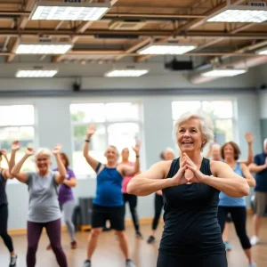 Seniors participating in a fitness class focused on strength training