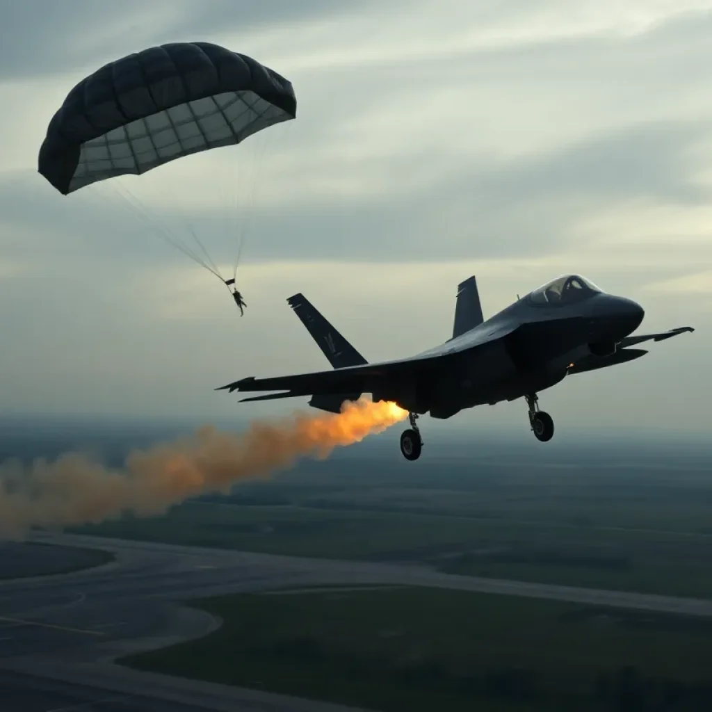 F-35 fighter jet crashing with a parachute deployed